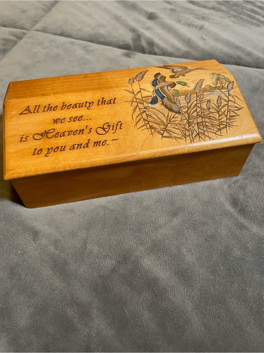 Wooden Keepsake Box with Duck Scene and Inspirational Quote - Honey Brown